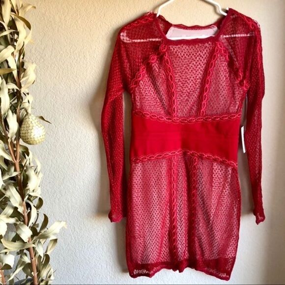 Free people cherry lace mixed mesh red dress small - Picture 3 of 8